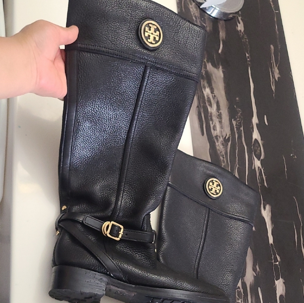 Tory Burch Black Leather Boots with Gold Accents